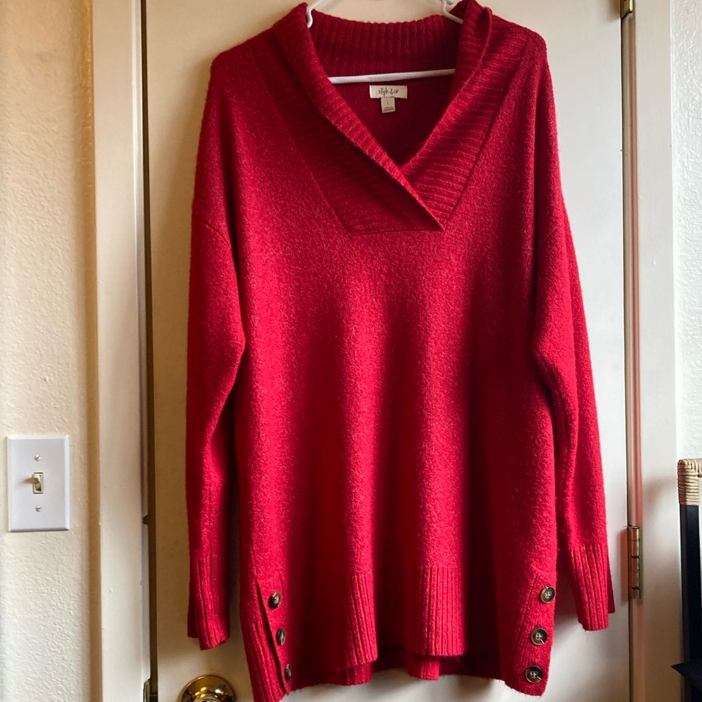 Style & Co. Red Cowl V-Neck Long Sweater, Size Large